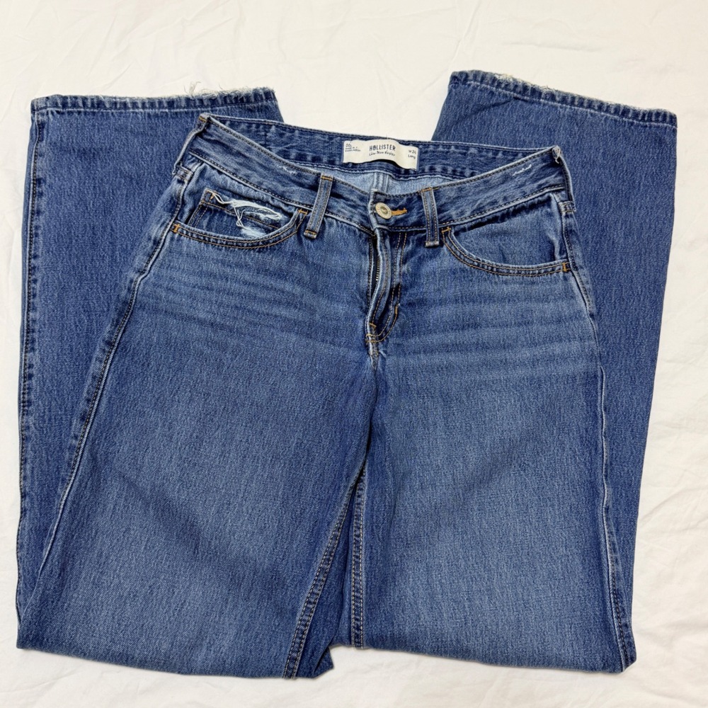 Hollister Low-Rise Baggy Jeans W24 Long 00L Blue Distressed Denim Wide Leg